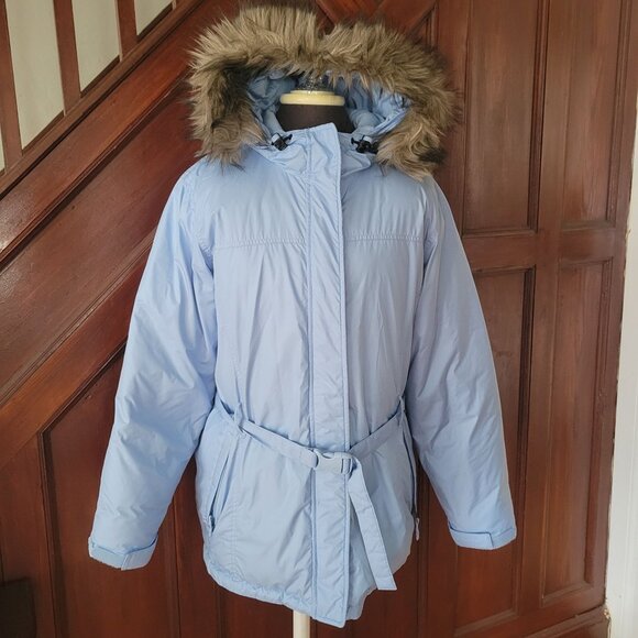 Lands End Womens Light Blue Hooded Puffer Coat With Faux Fur Trim & Belt Down Fi
